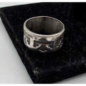 Vtg Bell Trading Post Etched Thunderbird Ring Size 7 Sterling Silver 925 Patina
